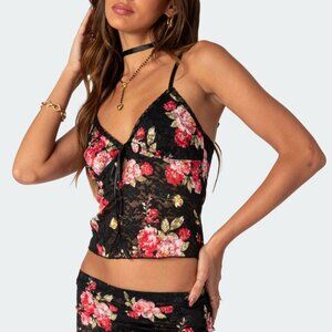 Edikted Lace Tank Top floral portofino crop womens Black (medium) y2k going out